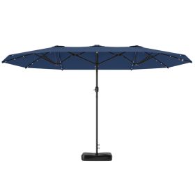 Garden Parasol 14.4ft Double-Sided Sun Umbrella With Base, Patio Parasol With LED Solar Lights, Navy Blue
