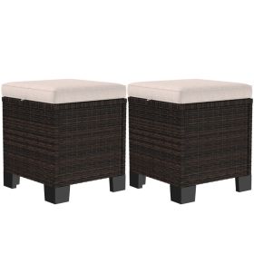 2 Piece Wicker Outdoor Ottomans With Cushions, Rattan Ottoman Footrest And Side Table For Patio, Yard, Poolside, Cream