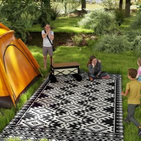 Reversible Outdoor Rug, Waterproof Plastic Straw With Carry Bag, 9 X 18, Black & White Rhombus Border