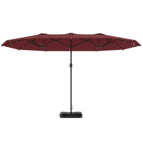 Garden Parasol 14.4ft Double-Sided Sun Umbrella With Base, Patio Parasol With LED Solar Lights, Wine Red