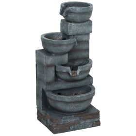 30" Tall Outdoor Water Fountain with LED Lights, 4-Tier Resin Cascading Bowls Outdoor Fountain Waterfall Fountain with Pump, Gray