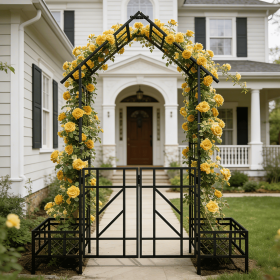 Metal Garden Arch with Gate with planter W80.71*H97.24 Climbing Plants Support Rose Arch Outdoor Black