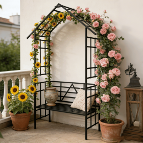 Metal Garden Arch with Bench Turned into Flower Stand W58.07*H97.24 Climbing Plants Support Rose Arch Outdoor Black