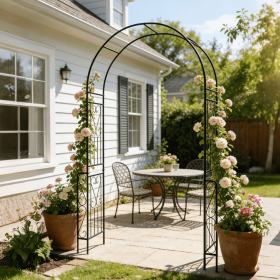 Metal Garden Arch W55'' x H94.5'' Garden Arbor Trellis Climbing Plants Support Rose Arch Outdoor Arch Black (Color: as Pic)